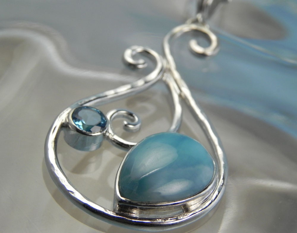 Larimar Necklace - Larimar Blue Topaz Pendant - Ocean Blue Winter Blue Larimar Blue Topaz Jewelry - Unique Teardrop Larimar Pendant