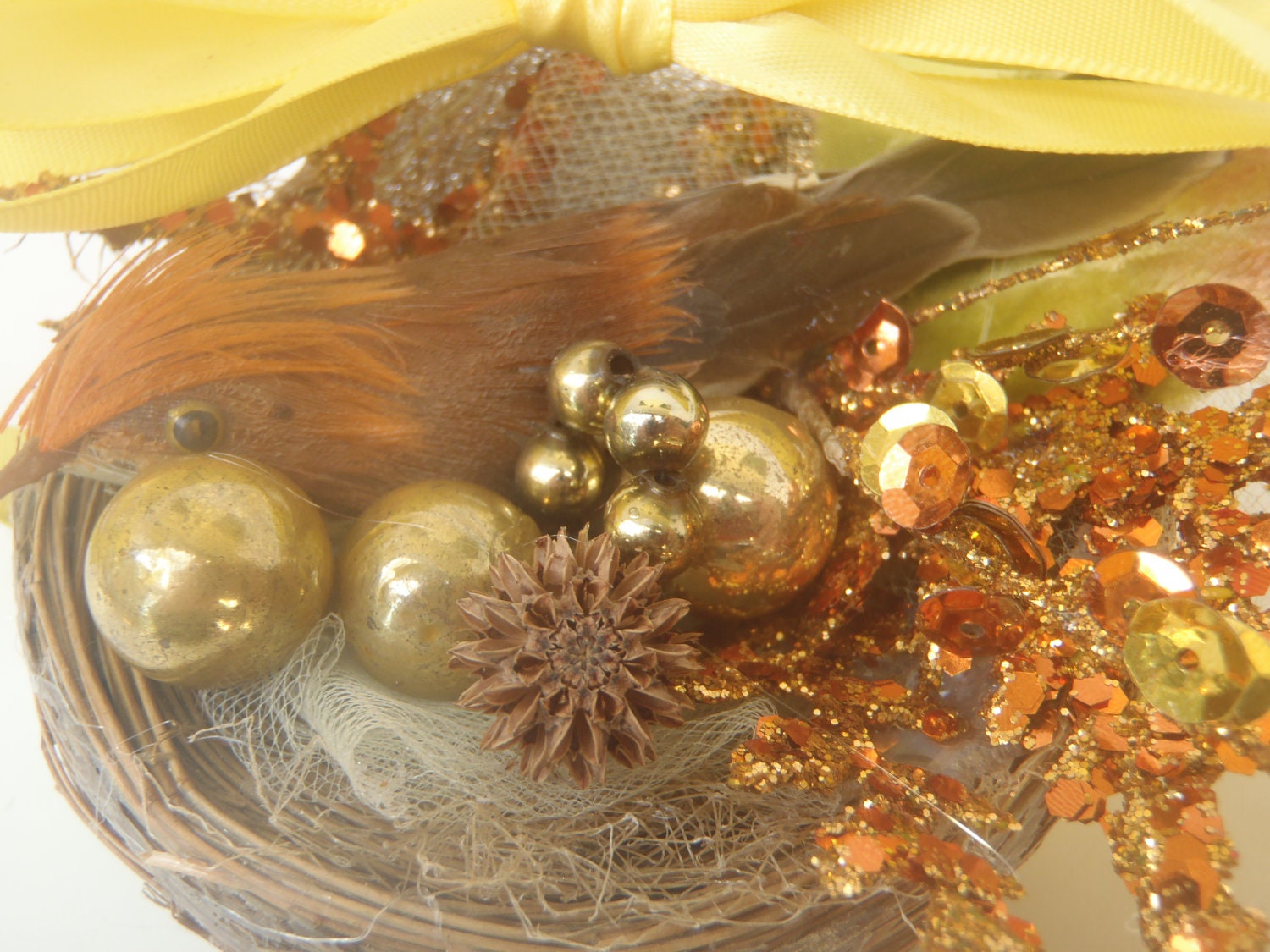 Small Bronze Bird in Nest Christmas Ornament