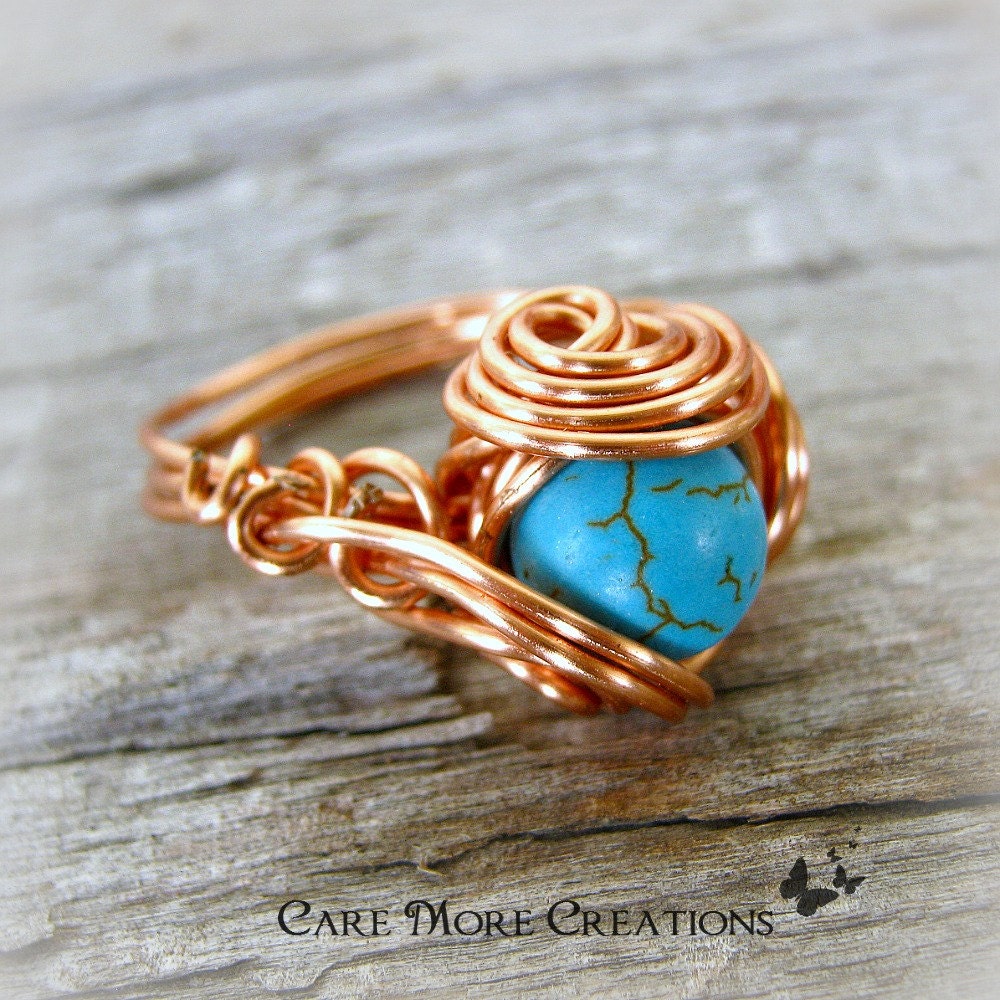 Wire Wrapped Ring - Turquoise Ring in Copper - Size 7