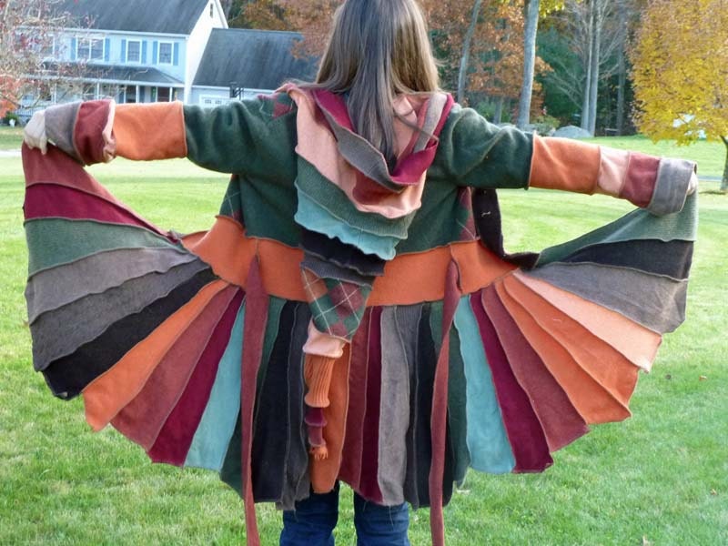 Upcycled Sweater Coat in Autumn Colors: Browns, Greens, Orange & Rust 100% Felted Wool with Button Front, Hood, thumb holes