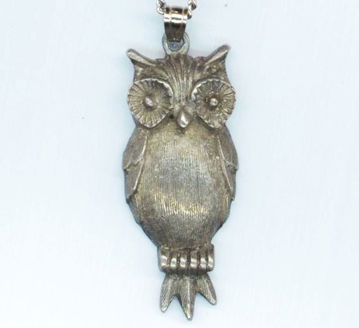 Vintage Pewter Owl Pendant .  Animal, Creature, Bird . Owl Jewelry . Rhodium Plated Chain - Smart Cute Owl Friend by enchantedbeas on Etsy