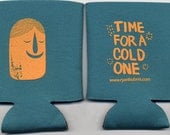 2 sided collapsible beer cozy. Bright orange screen print on teal polyurethane foam. Fits 12 ounce cans and bottles.