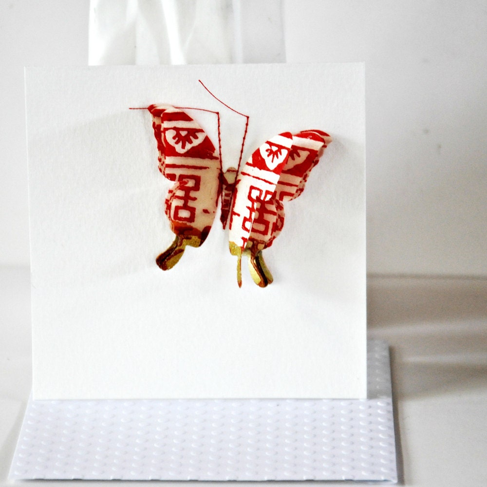 Stitched Layered Butterfly Gift Card Red Calligraphy