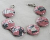 bracelet sewing tools on pink fabric covered one inch buttons bracelet 8 inches