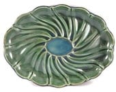 Glossy Green Stoneware Tray Molded from a Vintage Pressed Glass Plate holds keys cell phone change or snacks