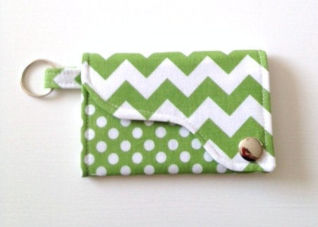 Chevron and Dot Key chain /Credit Card / Business Card Wallet  in Green
