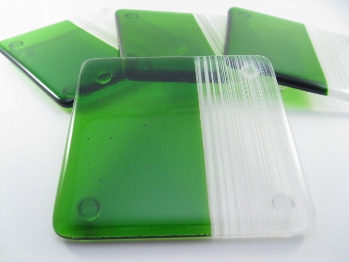 Fused Glass Coaster Set Green White Stripes