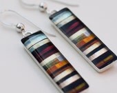 Striped Multi-Color Ribbon Pattern-Long Rectangular Sterling Silver and Resin Earrings Ready to Ship