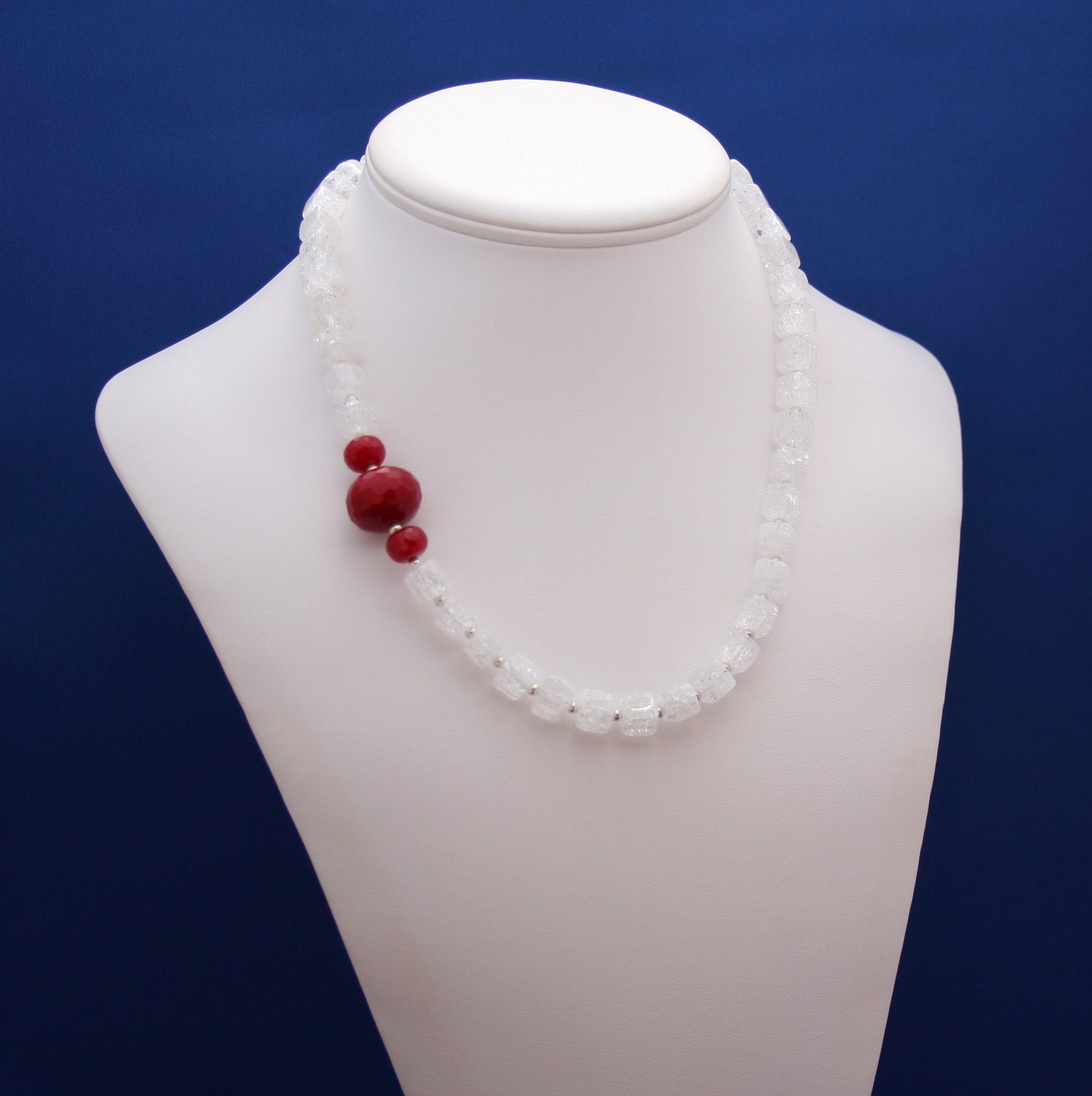 Quartz Crystal and Red Jade Necklace 12th and 15th Anniversary Feminine Statement Strand-Snow White