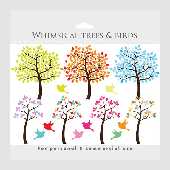 Tree clipart - tree clip art whimsical, cute, sweet, birds, bird, leaves, green, orange, summer, fall, winter, birdies