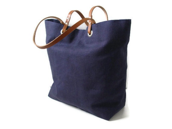 Tote Bag, Linen Tote, Navy Blue with Tan Leather, Handbag, Purse, Women, Market Tote, Nautical Tote, Beach Bag