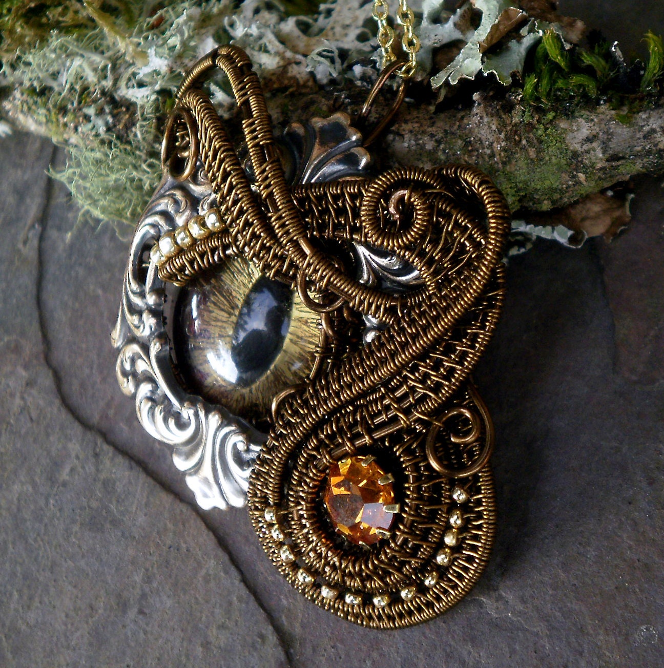 SOLD Gothic Steampunk Bronze Cat Evil Eye Pendant