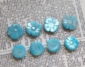 Vintage Mother of Pearl buttons Aqua Turquoise Blue Flowers qty 8 Schwanda NOS