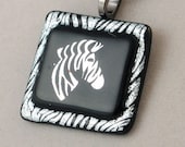 Zebra pendant - fused glass zebra print necklace - zebra jewelry - dichroic jewelry - animal necklace (3055) OOAK