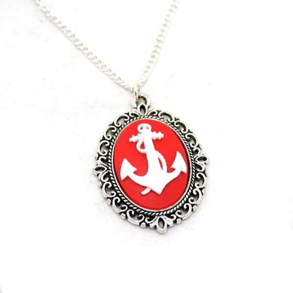 Red Anchor Necklace, White Nautical Cameo