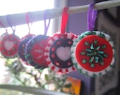 6 mini felt bauble decorations hand stitched and beaded red and purple centres with red and green beads