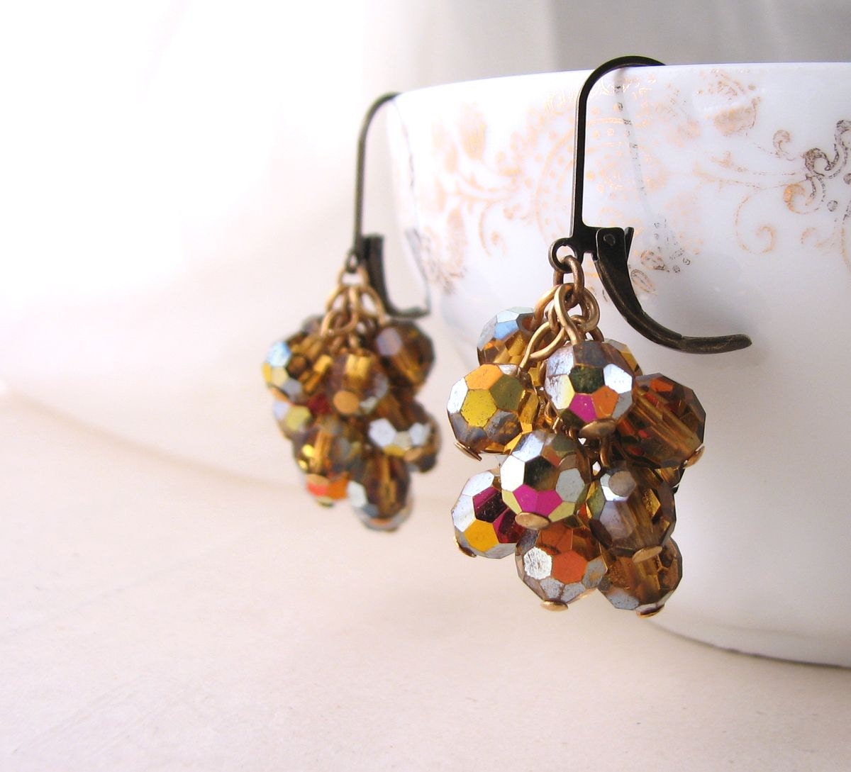 chandelier earrings with vintage topaz vitrail crystals