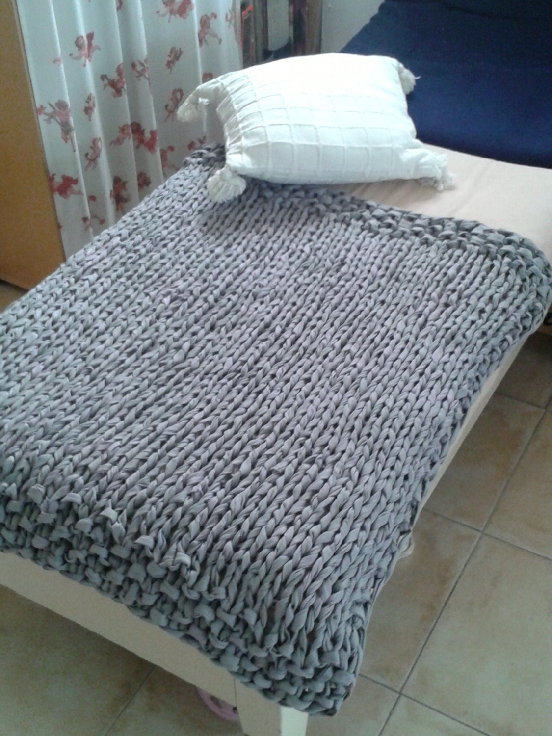 Hand knitted bed cover/rug made from recycled tricot yarn OOAK