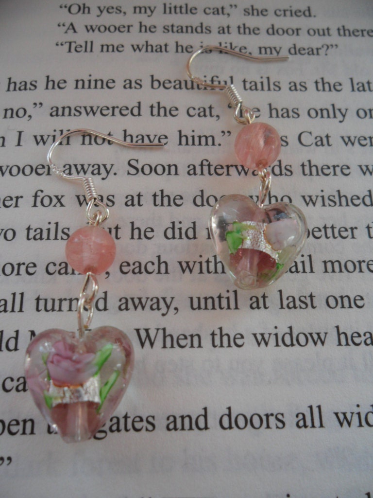 The Cat's Meow Whimsical Lampwork Heart and Strawberry Quartz Silver Earrings