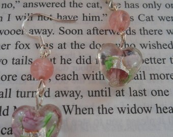 The Cat's Meow Whimsical Lampwork Heart and Strawberry Quartz Silver Earrings