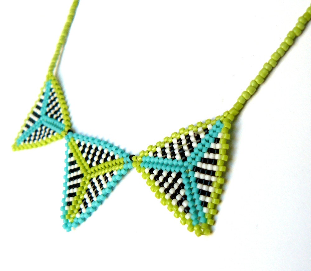 Lime and Turquoise Beaded Necklace  Black and White Stripe Bead Weaving Triangles Unique Beadwork Geometric Jewelry Made To Order