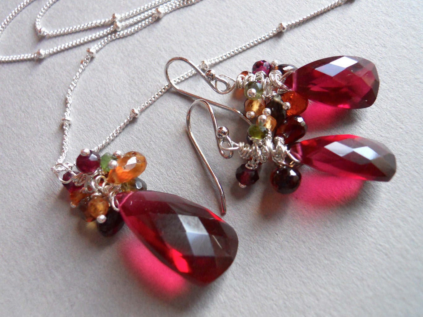 SET After Party Pyramid Ruby Red Necklace AND Earrings Shirzay Collection