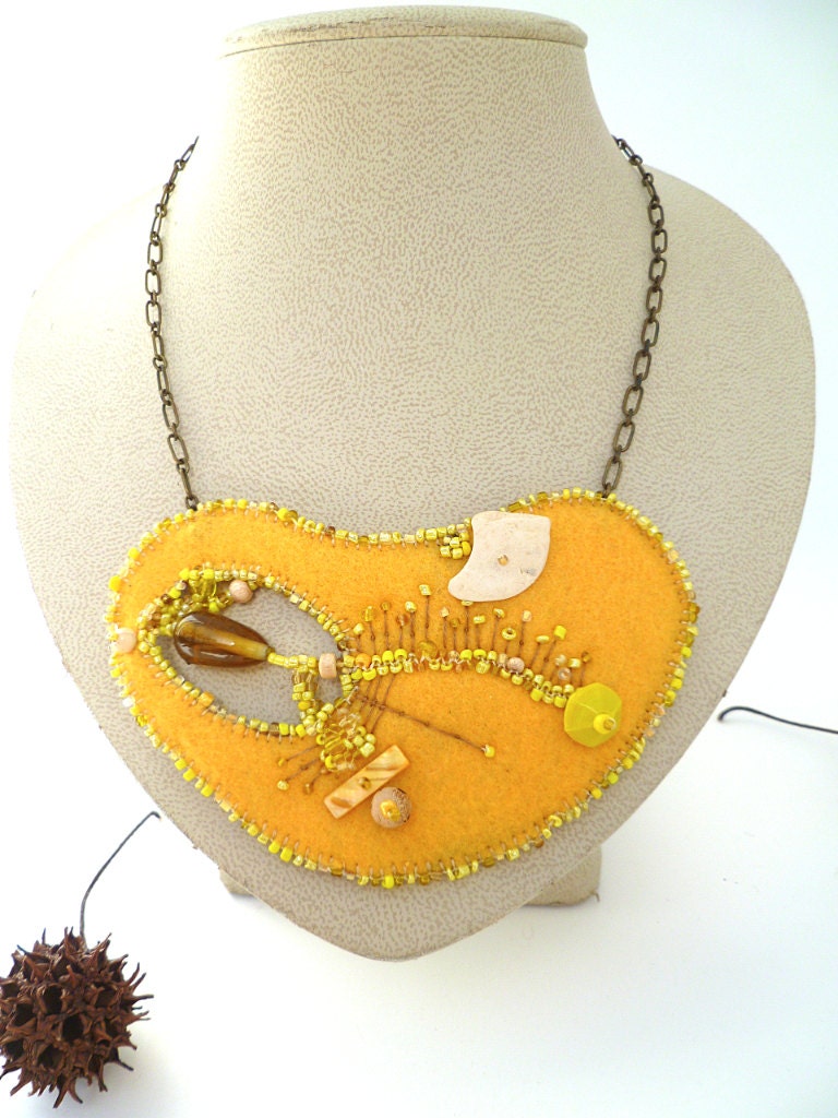 Fragments in yellow, unique fiber art necklace in green tones