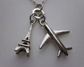 Travel to Paris Necklace. Airplane and Eiffel Tower Charms