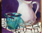 Still Life Painting in Purple White and Turquoise Pitcher and Glass Pot on Patterned Fabric