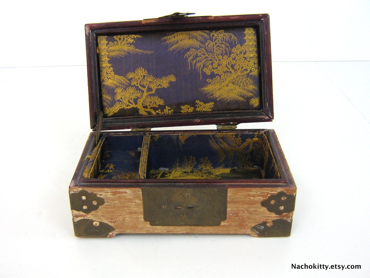 Asian Jewelry Box Brass Overlay with Purple & Gold Silk Interior
