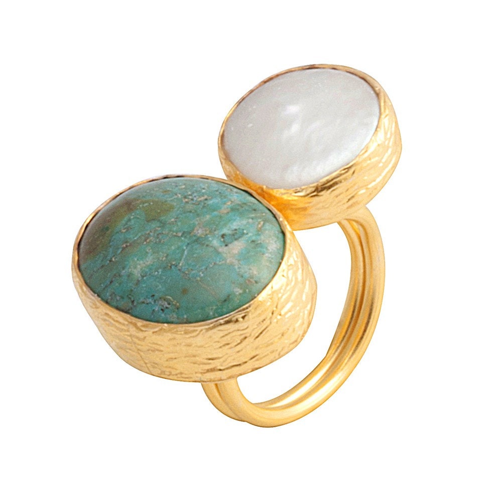 Turquoise - Pearl gold plated silver ring