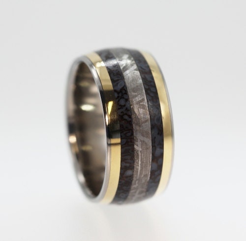 Very Rare and Unique Dinosaur Bone Ring with Gibeon Meteorite and 14K Gold Inlay - Signature Series