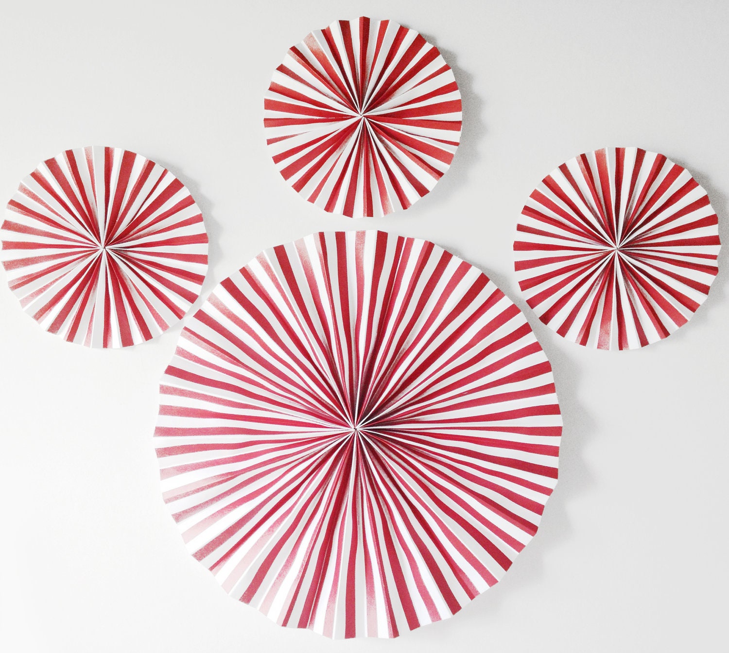 Set of Four (4) Red & White Stripe Paper Fans