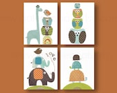 Nursery wall art, kids wall art, baby nursery art, turtle, giraffe, birds, elephant, owl, set of four 8x10 in. prints by GalerieAnais