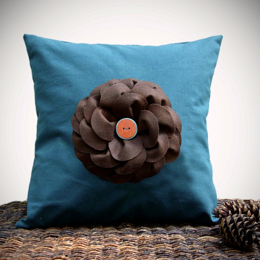 16" DESIGNER PILLOW COVER - Teal Linen Brown Felt Flower with Turquoise and Rust Buttons Gift for Her Under 55 by JillianReneDecor - JillianReneDecor