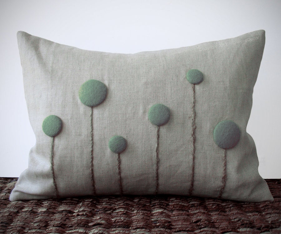 Mint Billy Ball Flower Pillow in Natural Linen Home Decor by JillianReneDecor Craspedia Billy Button Botanical Aqua Grayed Jade - JillianReneDecor
