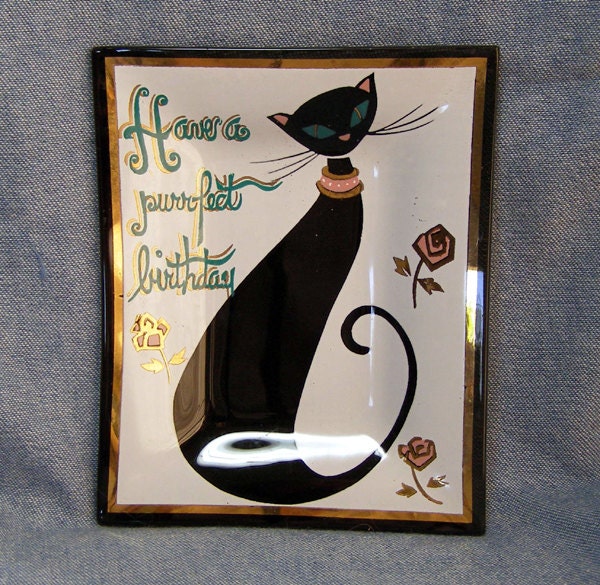 Black Cat Birthday Vintage Houze Glass Tray Ashtray
