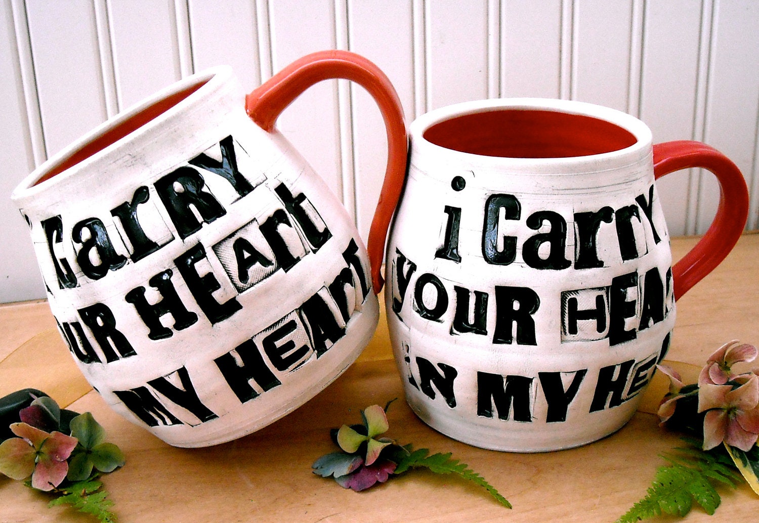 Personalized Mugs - I Carry Your Heart In My Heart, e. e. cummings Quote - 2 Cup Set HandMade TO ORDER Custom Names & Date Wedding Gift