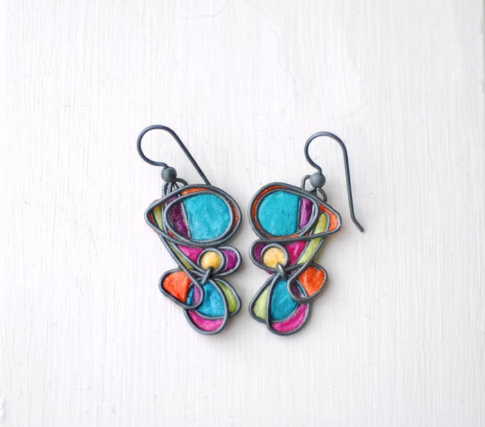 Jewel Tone Sterling Silver Abstract Dangle Earrings, Artisan Paper Jewelry....