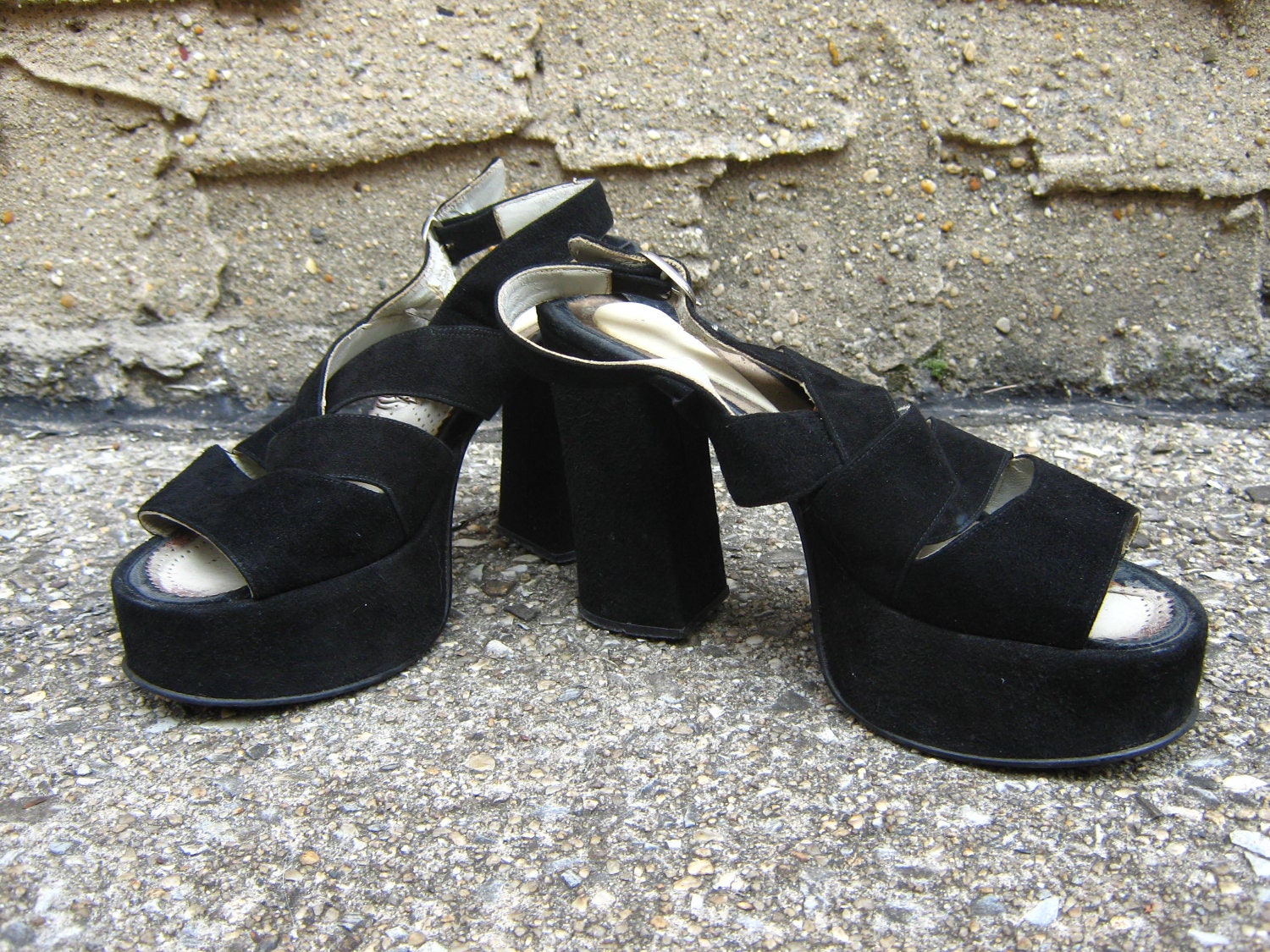 1970's Black Suede Platform Shoes size 7 High 4" Heel Made in Italy