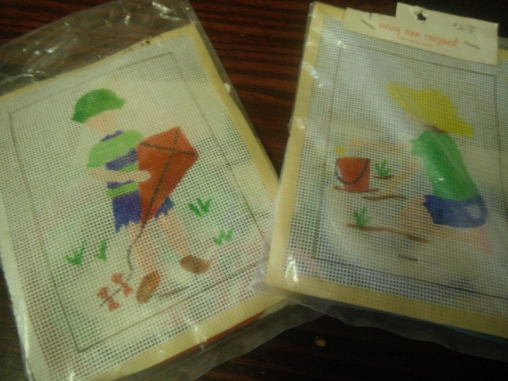 Lot of 2 Hand Painted Canvas Needlepoint Kits Boy with Kite and Girl on Beach Mary Ann Originals
