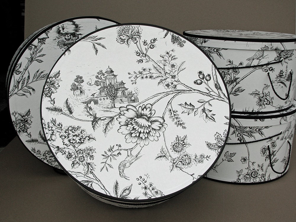 Classic ORIENTAL ENGRAVING PRINT X-Large Hat Boxes - Millinery Stack of Four (4 boxes)