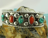 Native American Turquoise Coral Cuff Bracelet