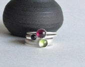 Stacking Gemstone Ring Trio  - Peridot, Garnet, and Sapphire - Sterling silver Rings