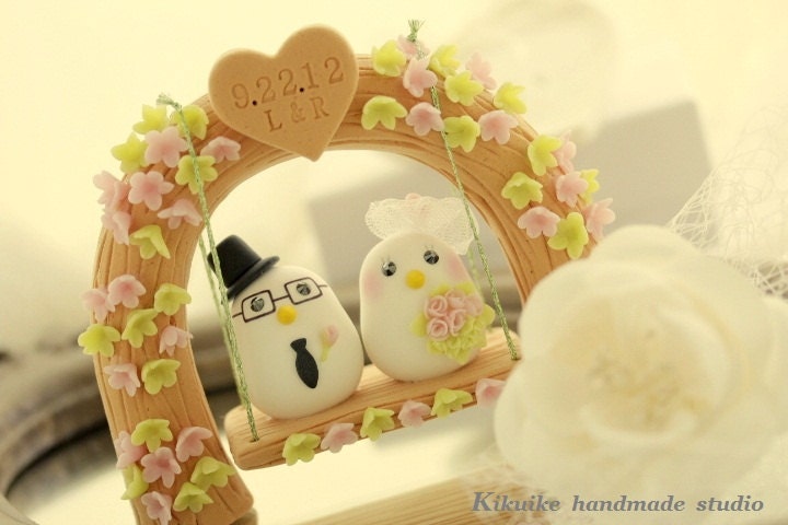 Custom Wedding Cake Topper -Handmade love birds with love flower tree and a swing,SWAROVSKI crystals