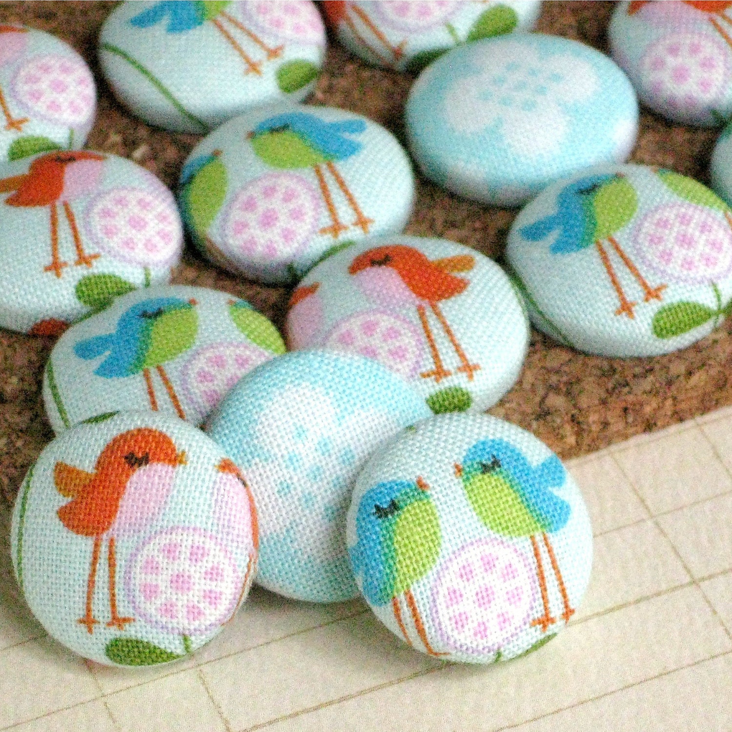 Sweet Tweets. . . Set of 16 Fabric Push pins. Decorator Thumbtacks. Teacher Graduation Gift