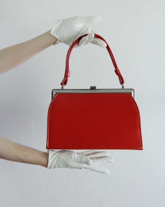 Vintage 60s Purse . Red Vinyl . Vegan . Hand Bag . Silver Metal Frame . 1960s