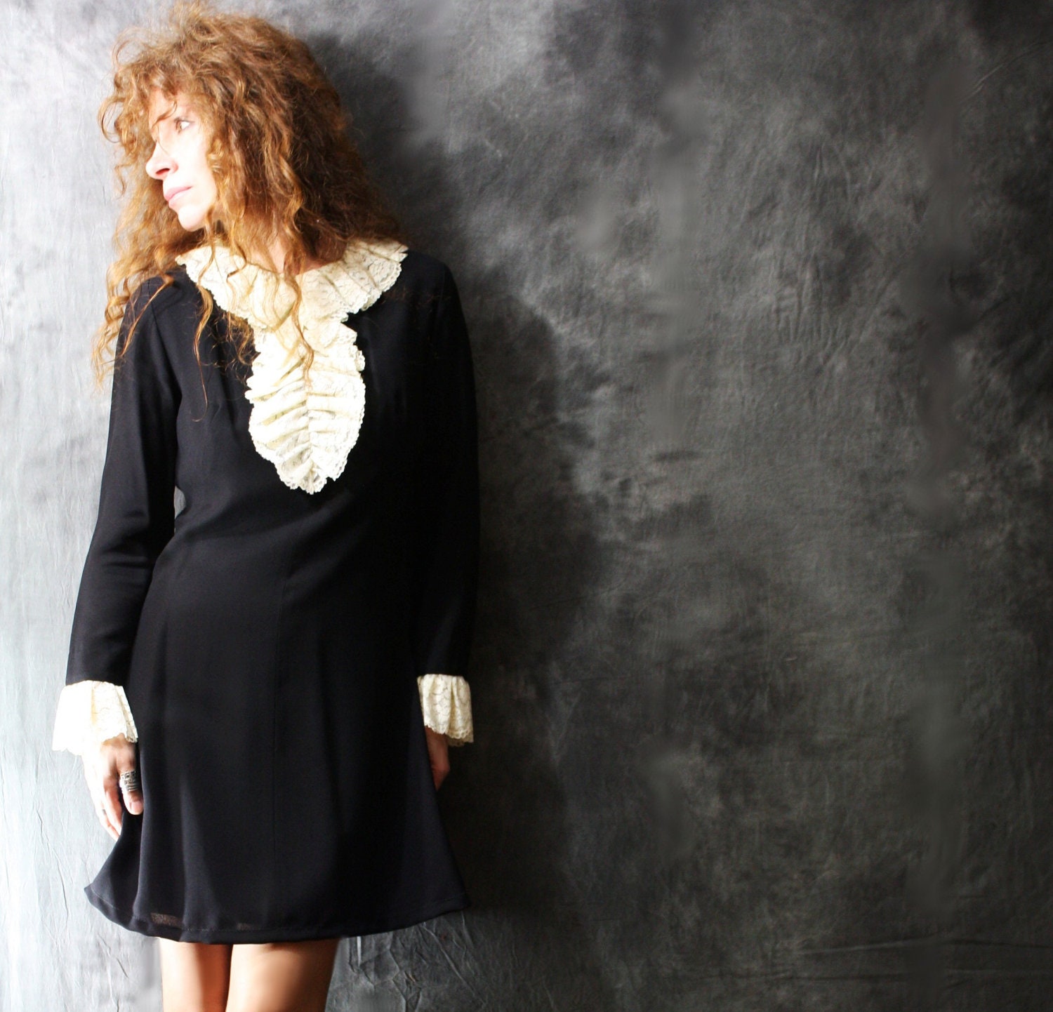 Vintage 1960s Mod Little Black Dress with Cream Ruffle Lace Neckline and Cuffs