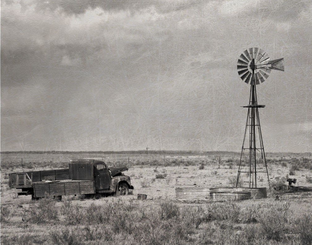 Black and White Photography -Old Truck -Windmill -8x10 Print -Dust Bowl Photos -Americana Wall Decor -Colorado Fine Art Photography