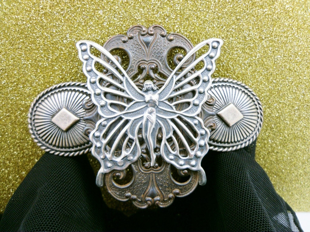 Large Butterfly Fairy Barrette in Antiqued Silver